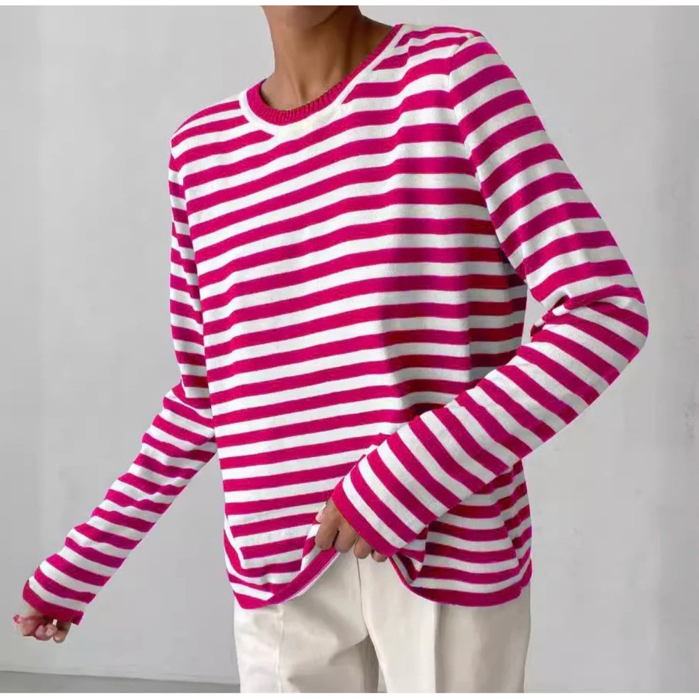 NEW Edward Frazier Olivia Elegant Long Sleeve Sweater Red Striped Crew Neck